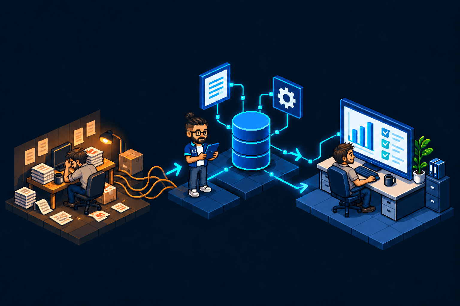 From frustration to relief: Alexis connects disorganized business processes to an organized database, and the same person works calmly with clear reports.