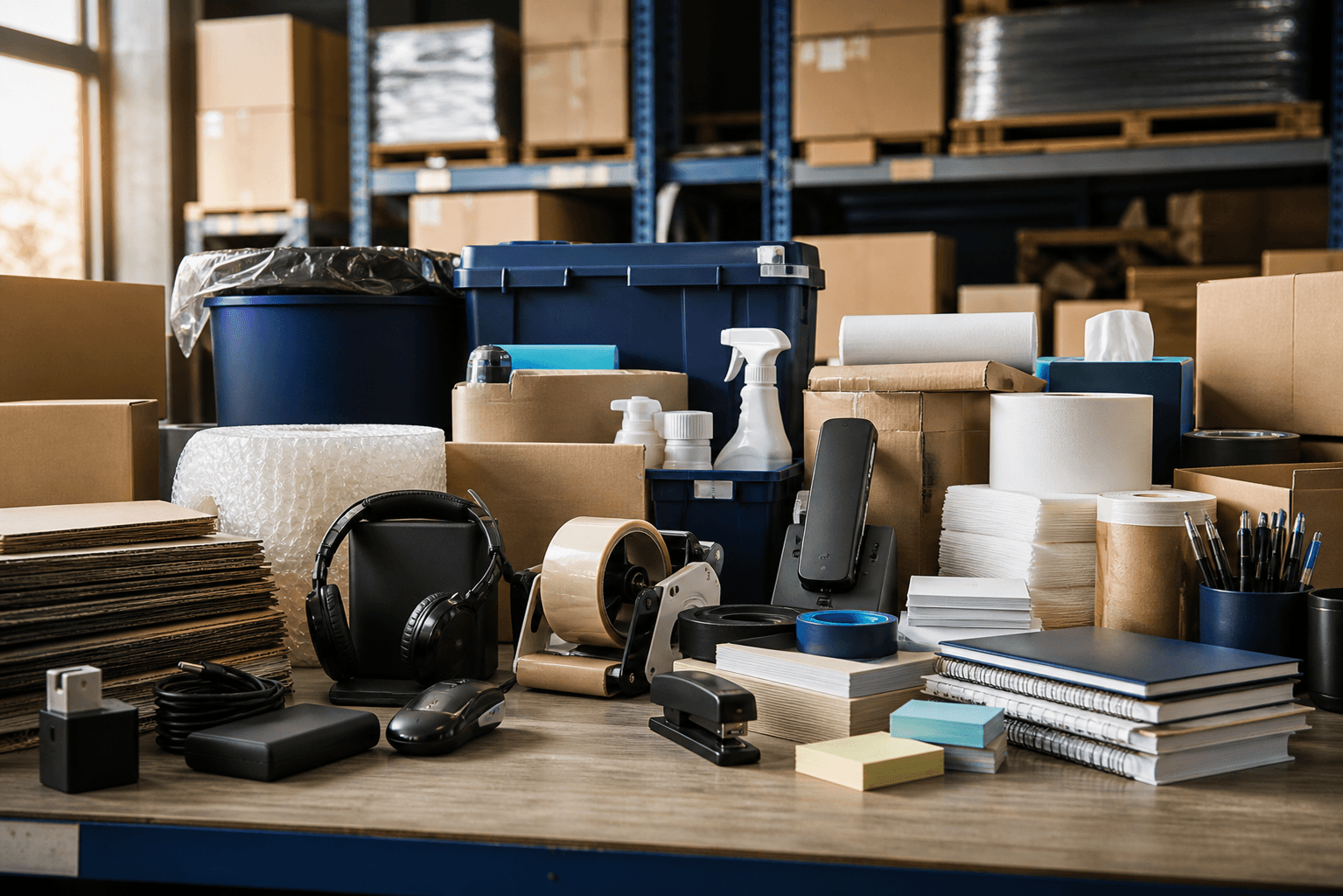 Illustrative collection of unbranded workplace, facility, and technology supplies